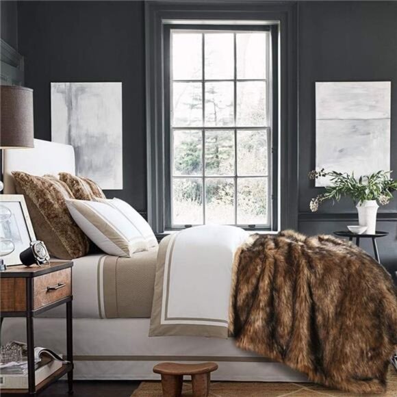 Luxury Plush Faux Fur Throw Blanket, Long Pile Brown with Black Tipped Blanket - Picture 5 of 8
